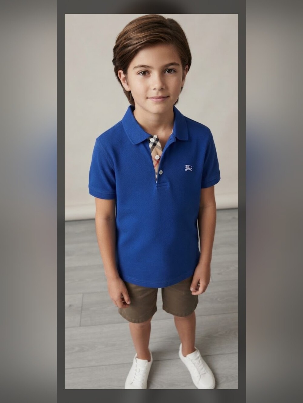 Burberry Kids Blue Polo Shirt with Vintage Check Collar 10Y / 140cm
